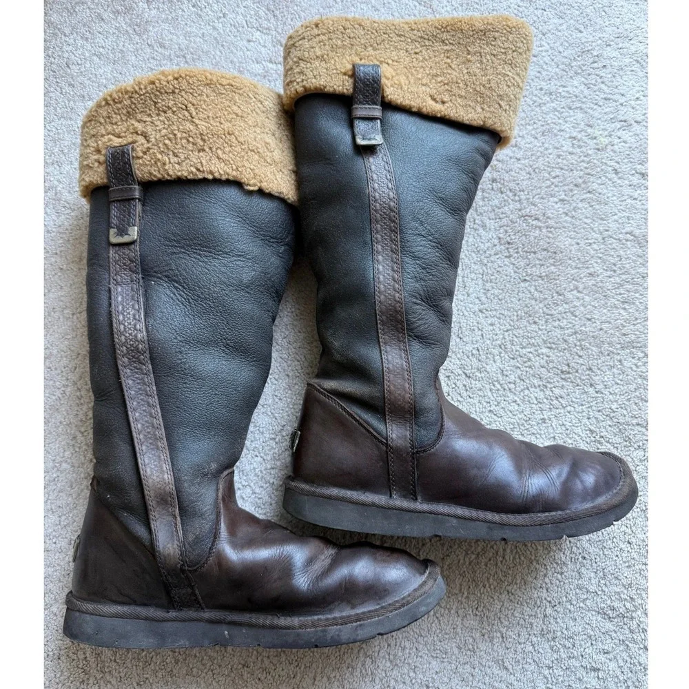 UGG Australia Women's Leather Tall Shearling Lined Winter Boots Brown SZ 12
